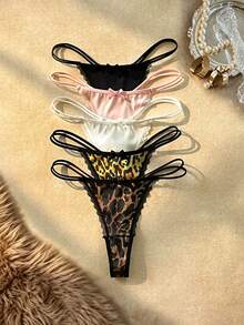 Bare Chapter Comfortable Leopard Print Lace Trim Thong 5-Pack - Multicolor - View 5