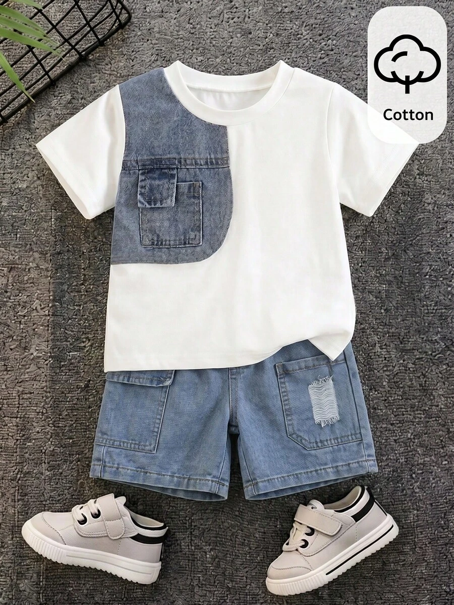 SHEIN Little Byeori 儿童牛仔拼接圆领T恤和牛仔裤两件套,休闲日常穿着,适合通勤、上学、日常休闲、运动、春夏穿着。 - 白色 - 查看 1
