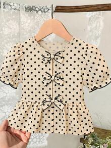 SHEIN LMoss Kids Young Girl Casual Polka Dot Round Neck Short Sleeve Pullover Top - Multicolor - View 5