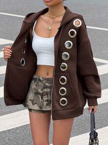 Muchica Chocolate Brown Fashionable Grommet Design Loose Open Front Thermal Lined Hooded Sweatshirt - Chocolate Brown - View 5