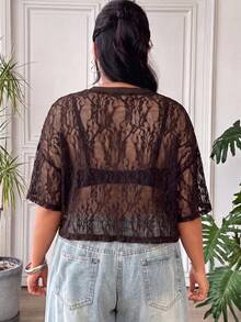 SHEIN EZwear Plus Size Women's Embroidered Elegant Sheer T-Shirt For Vacation And Party - Brown - View 3
