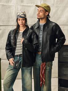 Loose Fit Men's Long Sleeve Flap Pocket PU Leather Zipper Front Rave Jacket, For Fall Winter - Black - View 1