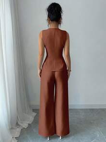 SHEIN Raffinéa 女款法式優雅度假休閒通勤金屬花朵鈕扣套裝 - 棕色 - 查看 2