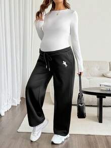 SHEIN Maternity Knight Print Adjustable Waist Wide Leg Loose Casual Sweatpants - Black - View 8