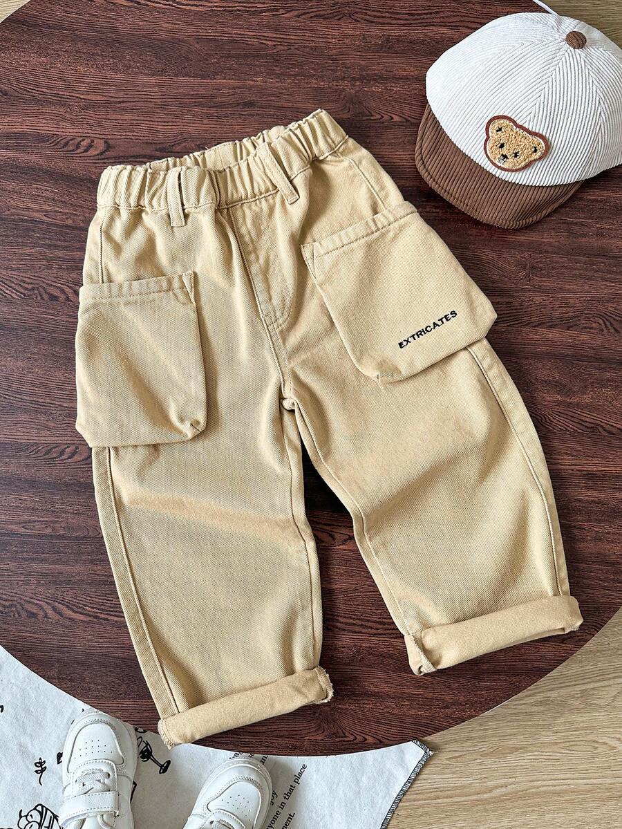 Boys' Streetwear Casual Contrast Stitch Loose Straight Leg Versatile Cargo Denim Jeans - Khaki - View 1