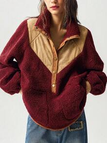 Bohemela Sweatshirt Wanita Kasual Warna Polos dengan Potongan Longgar - Merah - View 2