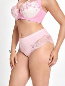 Slumbrini 1pc Plus Size Women's Lace Patchwork Underwear - Pink - View 7