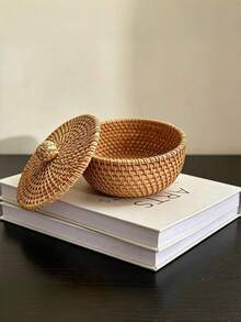 1PC Small Woven Natural Japanese Style Drum Shape Storage Box With Lid Durable Lightweight Stackable Dustproof Versatile For Bedside Table Living Room Tea Table Home Office Organizer Decor - View 7