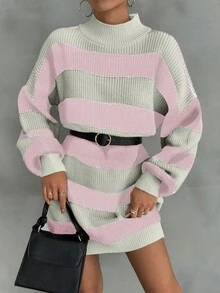 EURMUSE Women Drop Shoulder Sweater Dress With Striped Pattern - Baby Pink - View 7