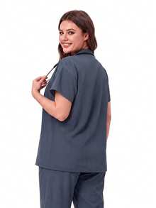 TaskEZ Dark Gray Drop Shoulder Short Sleeve Front Pocket V-Neck Loose Minimalist Comfortable Plus Size Scrub Top - Grey - View 2