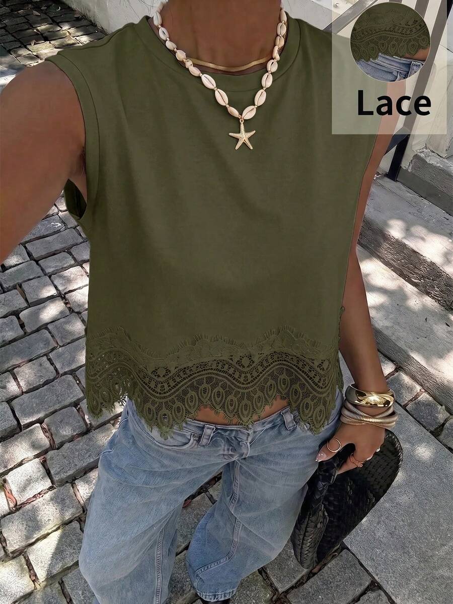 Siren Gaze Women's Spring/Summer Lace Patchwork Round Neck Tank Top - Army Green - View 1