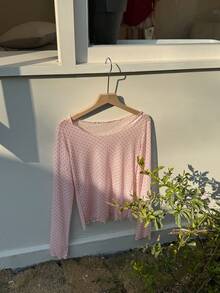 DAZY Atasan Wanita Kasual Jala Leher Bulat Lengan Panjang Motif Polkadot Musim Gugur - Baby Pink - View 8