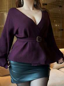 Vibekara Autumn/Winter Luxury Style Premium Purple V-Neck Tie-Front Slimming Cardigan Sweater - Purple - View 5