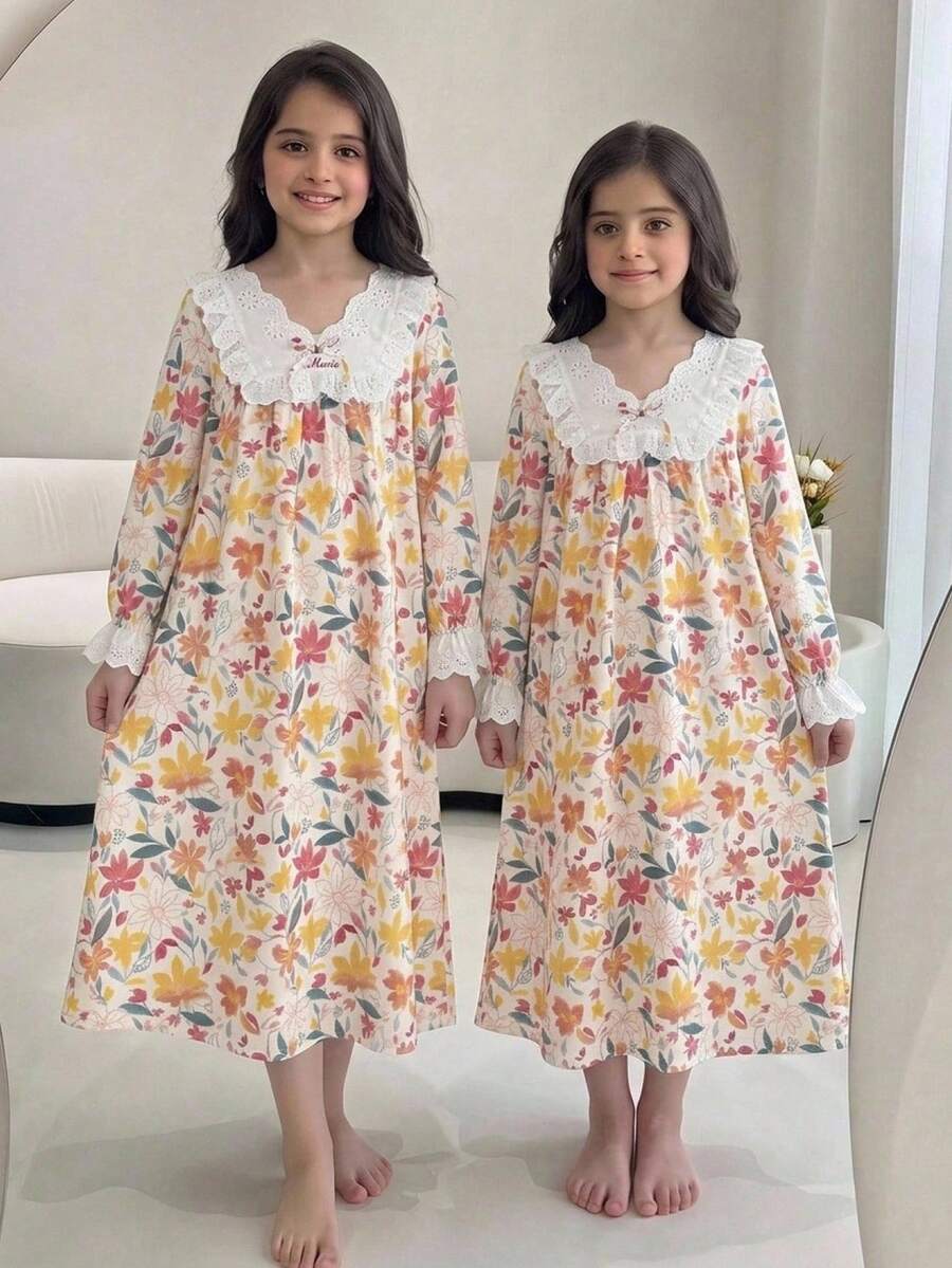 SHEIN Tween女孩寬鬆休閒刺繡蕾絲飾邊拼接碎花小花梭織長袖蝴蝶結家居睡袍 黃色長款睡裙 - 黃色 - 查看 1