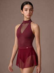 SHEIN 2pcs/Set Girls Ballet Performance Costume, Elegant Stand Collar Jumpsuit With Tulle Skirt, Suitable For School Performance, Dance Training, Competition, All Seasons, Back To School College - Burgundy - View 2