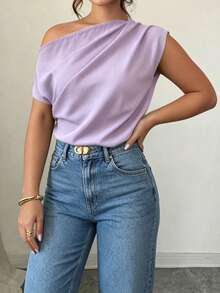 Elenzga Spring Summer Autumn Short Sleeve Asymmetric Shoulder Simple Comfortable Pleated Design Black Plus Size Shirt - Purple - View 1