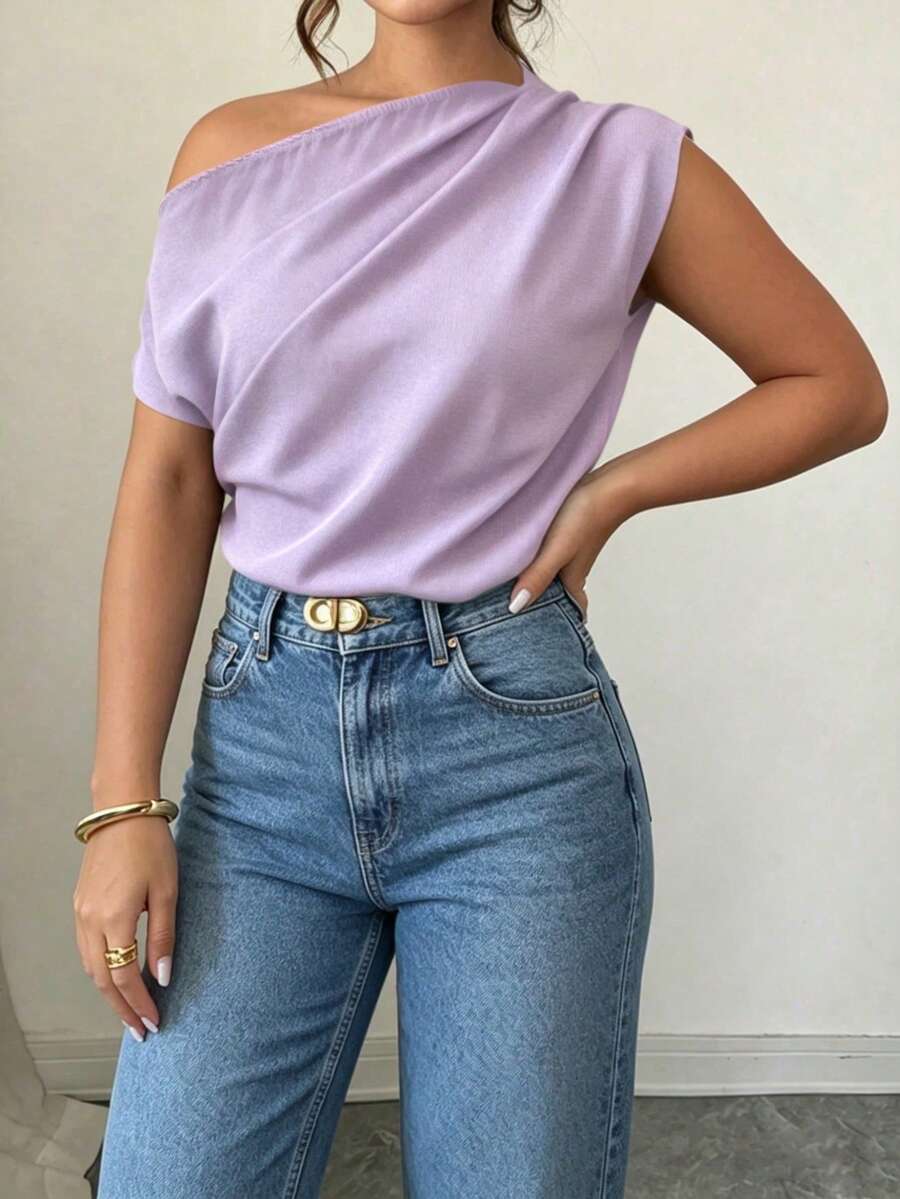 Elenzga Spring Summer Autumn Short Sleeve Asymmetric Shoulder Simple Comfortable Pleated Design Black Plus Size Shirt - Purple - View 1