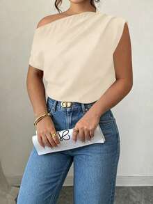 Elenzga Black Plus Size Shirt With Ruched Design, Comfortable Casual Short Sleeve Oblique Shoulder, Suitable For Spring, Summer, Autumn - Apricot - View 3