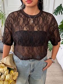 SHEIN EZwear Plus Size Women's Embroidered Elegant Sheer T-Shirt For Vacation And Party - Brown - View 4