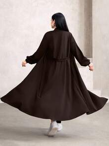 Graceveil Women's Autumn And Winter Outfit Simple Daily Solid Color Stand Collar Front Zipper Lantern Sleeves With Belt Long Abaya Robe Dress - Coffee Brown - View 3