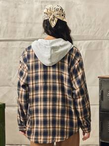 Norleigh Men's Casual Loose Fit Checkered Hooded Shacket With Chest Pocket, Adjustable Drawstring, Versatile For Spring Autumn - Navy Blue - View 3