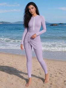 Veilorie 女款海灘度假拉鍊前襟長袖長褲休閒布基尼套裝 - 紫色 - 查看 7