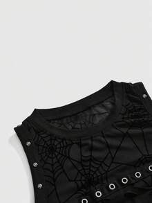 ROMWE Dark Gothic Halloween Spider Web Flocked Distressed Metal Eyelet Lace-Up Design Fitted Women's Tank Top - Black - View 4