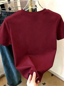 Resyla 女款字母刺繡純棉短袖圖案T恤上衣，舒適日常穿著，禮物 - 酒紅色 - 查看 2