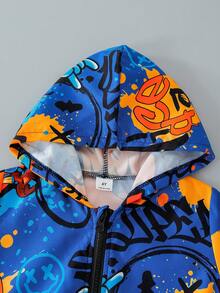 2pcs Young Boy Graffiti Expression All-Over Print Sports Hoodie Jacket And Shorts, Suitable For Daily Wear, School, Sports, Spring, Summer, Autumn - Multicolor - View 3
