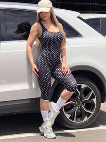SHEIN Sports Polka Dot Yoga Fitness Women's Sports Jumpsuit - Black and White - View 6