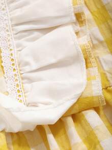 Dazy Plus Cute Patchwork Frill Trim Loose Plaid Yellow Spring Summer Autumn Home Wear Long Nightgown - Yellow - View 7