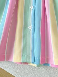SHEIN Playful Pals 女嬰彩虹條紋短袖彼得潘領田園鄉村風度假舒適時尚可愛百搭夏季洋裝 - 彩色 - 查看 6