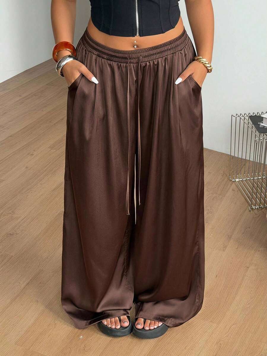 Coolane Women's Plus Size Summer Fall Vacation Going Out Formal Casual Elegant Boho Outfit Oversized Drawstring Waist Brown Pants - Coffee Brown - View 1