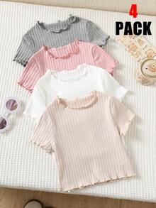 SHEIN LMoss Kids 4件裝少女夏季可愛羅紋純色荷葉邊短袖上衣，夏季上衣 - 彩色 - 查看 1