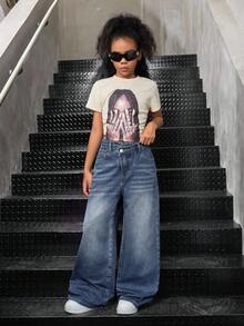 SHEIN 少女 Y2K 90年代休閒不對稱高腰寬鬆直筒牛仔褲，內裡保暖刷毛，聖誕女孩穿搭，秋冬保暖衣物，口袋喇叭休閒牛仔褲，女孩秋冬返校返校舞會牛仔褲，女孩喇叭褲街頭風復古穿搭，寬鬆牛仔褲 Y2K，Y2K 牛仔褲，寬腿牛仔褲，青少年寬鬆牛仔褲，寬鬆 Y2K 牛仔褲 - 中等水洗藍 - 查看 3