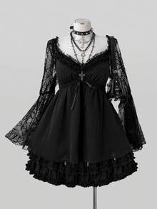 Sunspun Halloween Plus Size Chiffon V-Neck Cinched Waist Flared Sleeve Spider Web Blouse Dark Style - Black - View 1