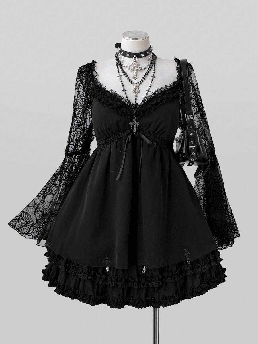 Sunspun Halloween Plus Size Chiffon V-Neck Cinched Waist Flared Sleeve Spider Web Blouse Dark Style - Black - View 1