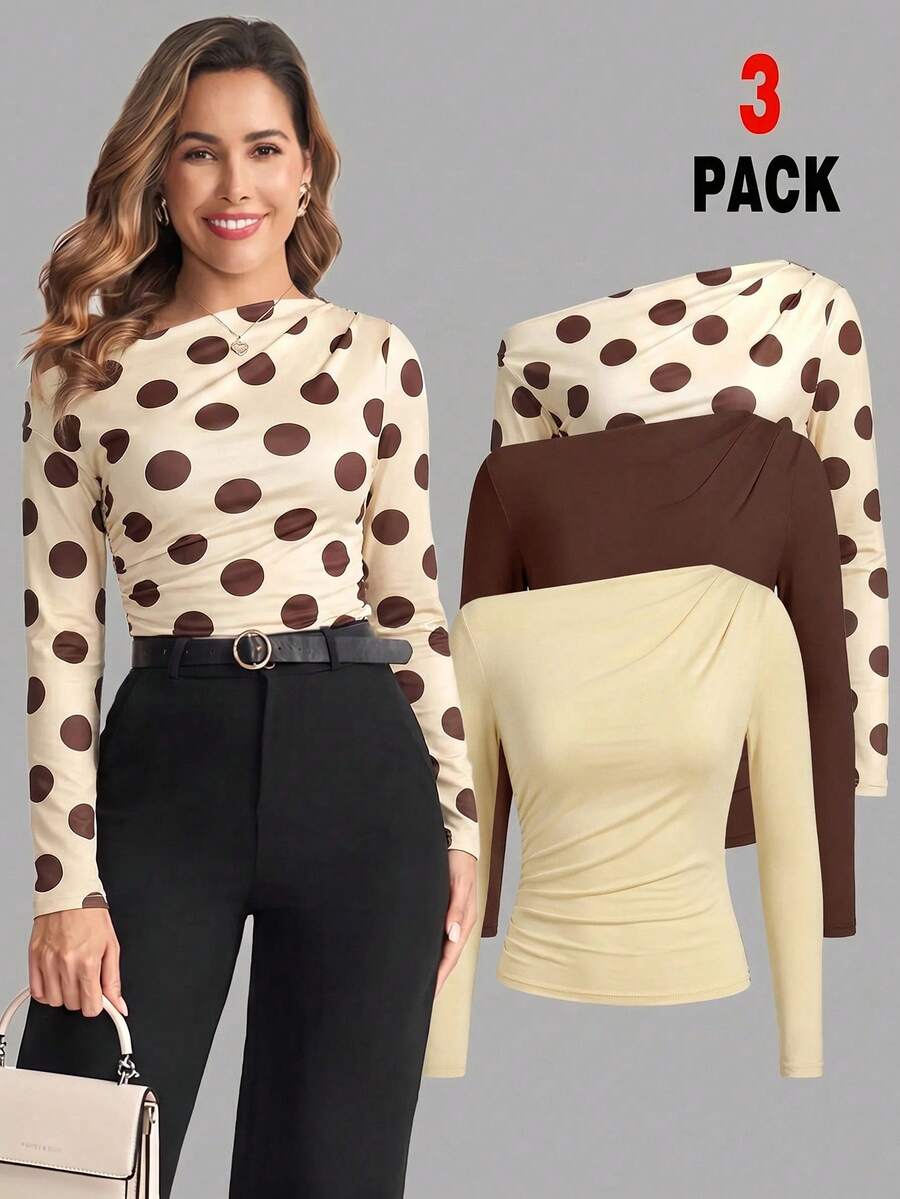SHEIN Clasi 3 piezas Camisetas de manga larga para mujer Oficina Beige Marrón Otoño Elegante - Multicolor - Ver 1