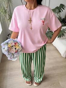 SHEIN EZwear 大尺碼女款字母印花短袖T恤與條紋長褲休閒兩件套 - 彩色 - 查看 6
