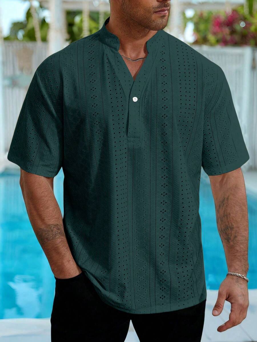 VENTUSAIL Men's Plus Size Solid Color Casual Versatile Short Sleeve Shirt For Daily Wear - Dusty Blue - View 1