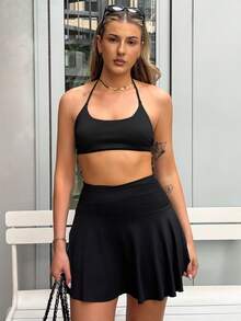 hollyjadebate Minimalist Solid Color High Waist Side Slit Sports Skort Black - Black - View 3