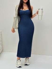 Flexra Plus Size Women's Colorblock Split Hem Fitted Spaghetti Strap Denim Dress - Blue - View 6