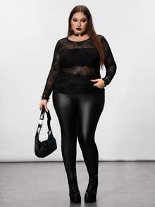SHEIN CURVE+ 大尺碼女款黑色蜘蛛網圖案透視上衣，萬聖節 - 黑色 - 查看 7