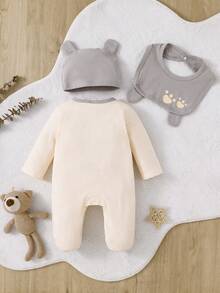 SHEIN Playful Pals 3件組新生兒嬰兒睡衣 灰色與米色中性色 可愛考拉圖案 長袖連腳睡衣 - 灰色 - 查看 2