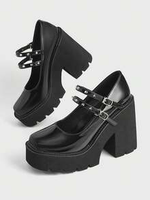 Sugerpunk Sepatu Wanita Modis Hak Miring Platform, Gaya Punk Gothic Gesper Gelap dengan Inlay Paku Keling, Cocok untuk Pesta Klub Malam, Seksi, Liburan, dan Perjalanan Sehari-hari. - Hitam - View 3