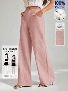 SHEIN Tall 100%水洗棉低腰直筒長褲 - 淺粉色 - 查看 7
