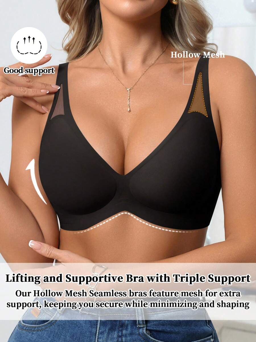 1 buah Bra Tanpa Jahitan dan Tanpa Kawat untuk Wanita, Bra V-Neck dengan Cup Cetak Lembut dan Nyaman, Warna Polos, Berongga, dan Berbahan Jelly, dengan Dukungan Lembut dan Warna Solid.
