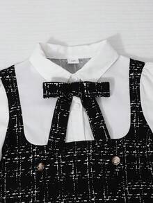 青少年女孩 2合1 格紋襯衫洋裝，秋冬長袖翻領設計，附3D蝴蝶結裝飾，襯衫與裙襬拼接設計，時尚學院風 - 黑色 - 查看 4