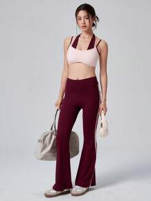 DAZY Women's Casual Home Fitness Sports Set,Korean Style Pink & Red Colorblock Patchwork 2 In 1 Spaghetti Strap Tank Top With Chest Pads, Straight Leg - Red - View 1