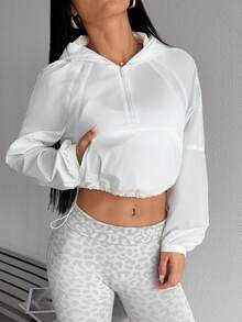 Dewbera Dewbera Solid Color Drawstring Hem Cropped Hooded Sweatshirt - White - View 4